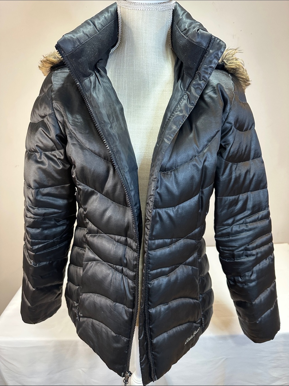 Eddie Bauer Black Quilted Puffer Jacket with Faux Fur Hood Trim